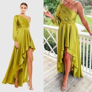 MAC DUGGAL Green High Low One Shoulder Flowy Gown in Chartreuse 2